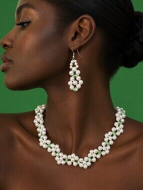 HANDMADE Acrylic Pearl Bead Woven Floral Earrings Necklace Set